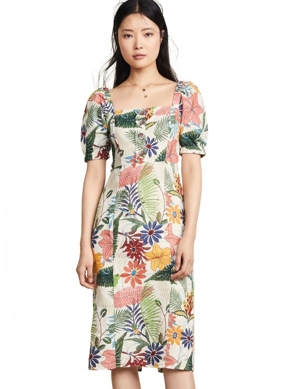 Farm Rio Vintage Garden 100% Linen Puff Sleeve Dress XS